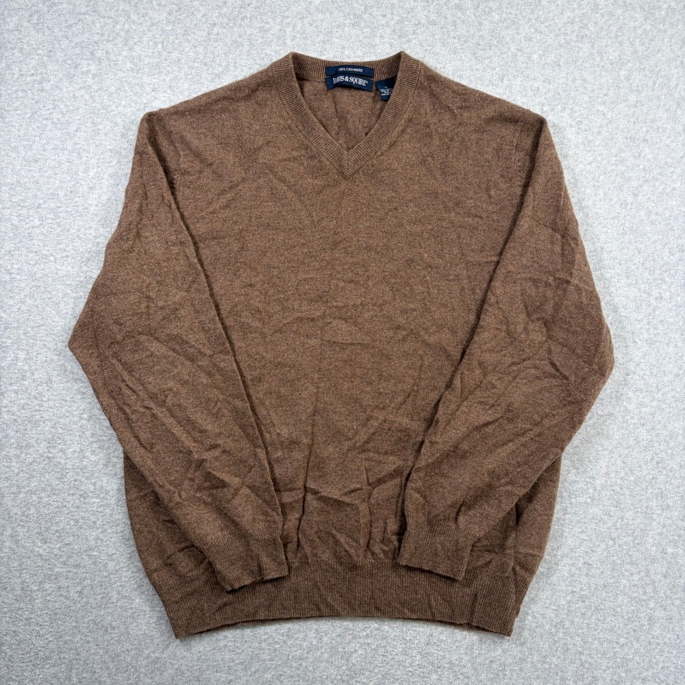 Davis & Squire V-Neck Sweater Men Large Brown 100% Cashmere Long Sleeve Pullover